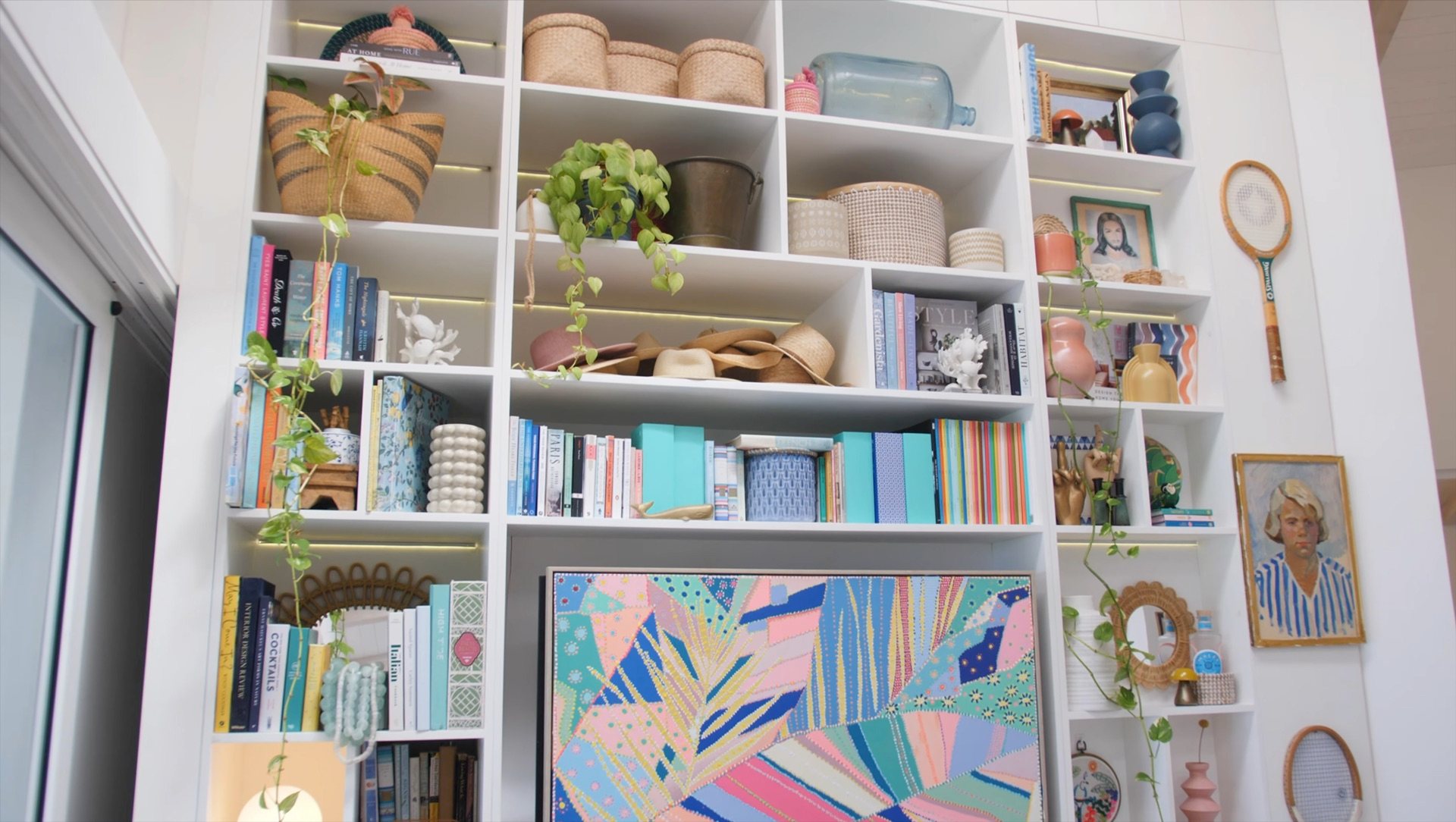 Detail of the colourful bookshelves